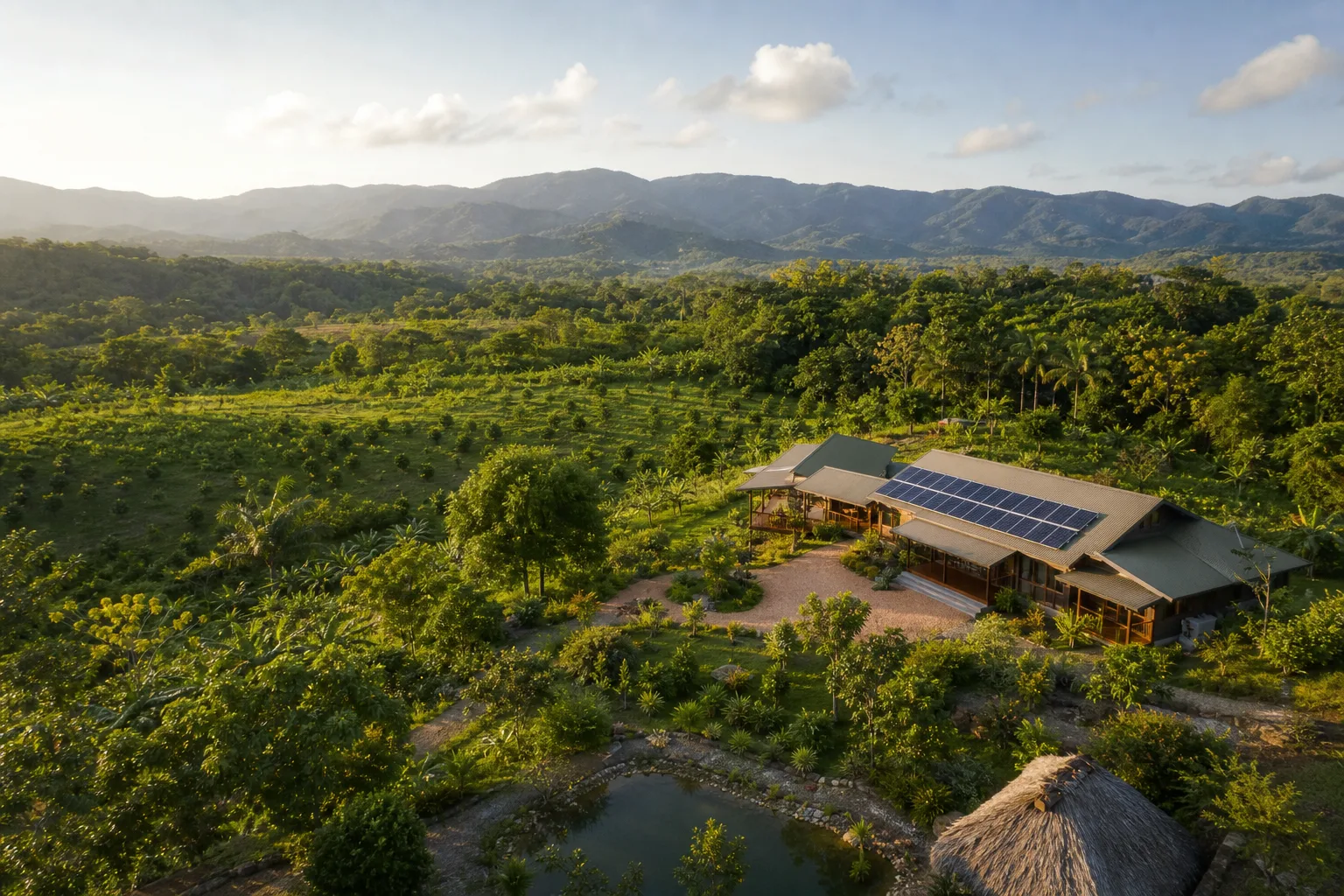 Aerial view of inland Belize acreage with a solar-powered homestead, orchards, jungle, and mountain views.