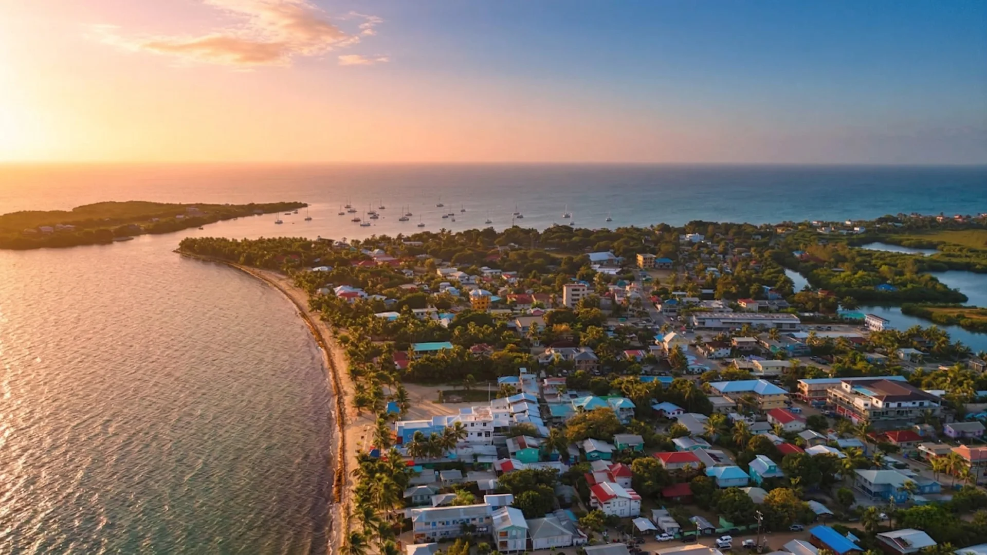 Aerial view of the Placencia peninsula on the Caribbean coast of Belize
